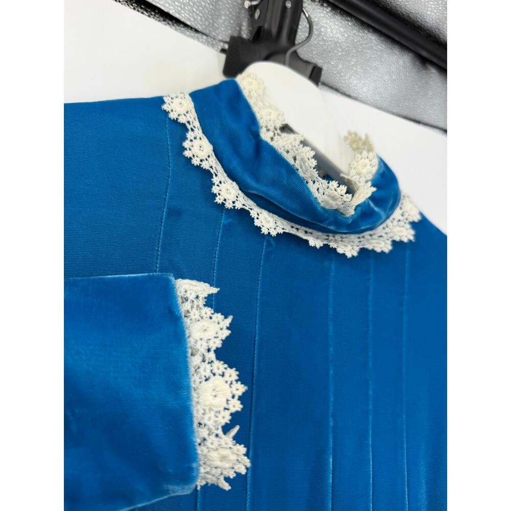 Vintage Handmade Blue Velvet Maxi Dress Lace Trim Prairie Victorian Cottagecore - Picture 4 of 16